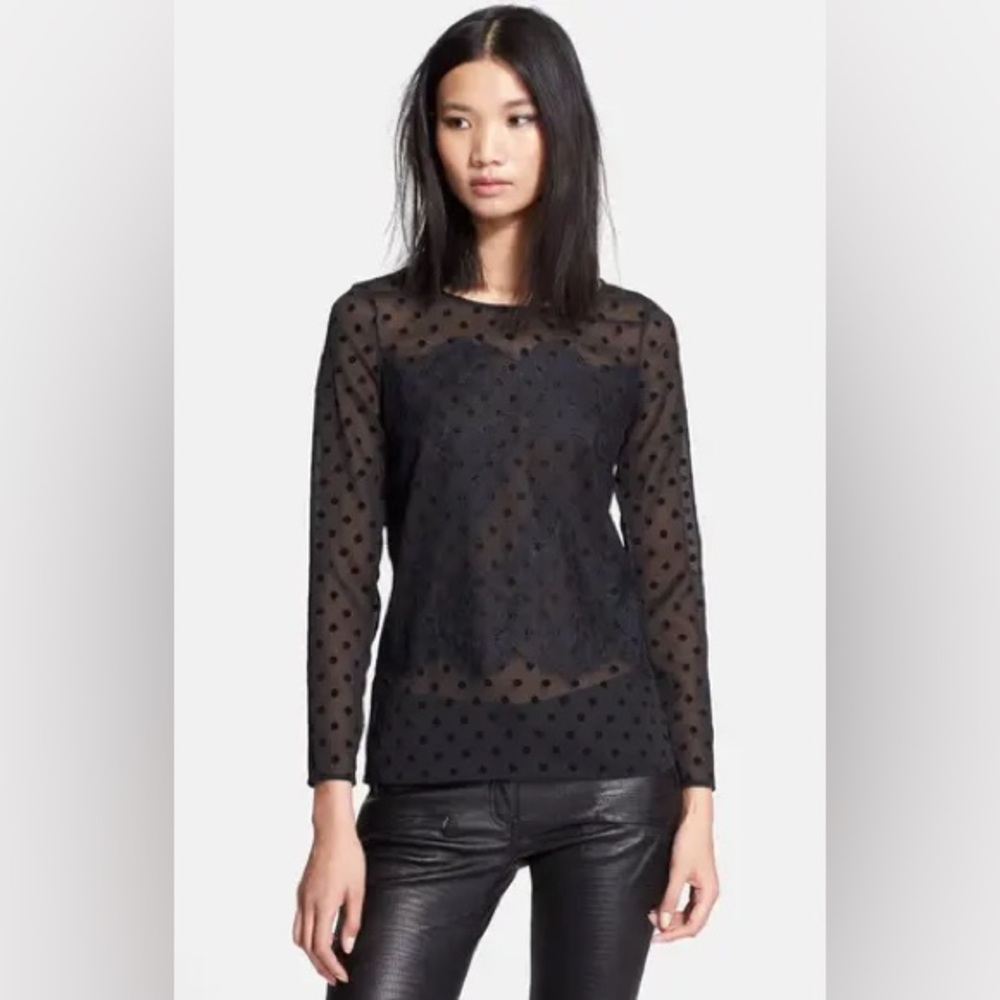 The Kooples ⚜️ Lace Appliqué Sheer Polka Dot Shirt